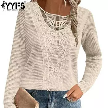 YYFS Женская мода Повседневная весна-осень Однотонные принты Длинные рукава О-образный вырез Блузки и рубашки S абрикосовый