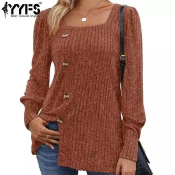 YYFS Женская мода повседневная весна осень однотонные принты длинные рукава квадратный воротник блузки и рубашки S кирпич красный