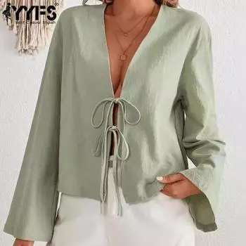 YYFS Женская мода Повседневная весна-осень Однотонные принты Длинные рукава V-образный вырез Блузки и рубашки S