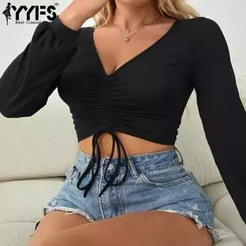 YYFS Женская мода Повседневная весна-осень Однотонные принты Длинные рукава V-образный вырез Блузки и рубашки S чёрный