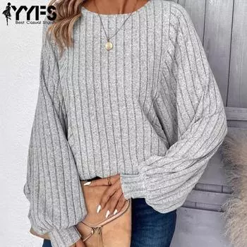 YYFS Женская мода Повседневная весна-осень Однотонные принты Длинные рукава О-образный вырез Блузки и рубашки S серый