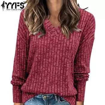 YYFS Женская мода Повседневная весна-осень Однотонные принты Длинные рукава V-образный вырез Блузки и рубашки S