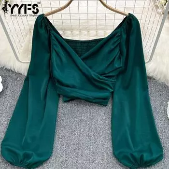 YYFS Женская мода Повседневная весна-осень Однотонные принты Длинные рукава V-образный вырез Блузки и рубашки One Size темно-зеленого