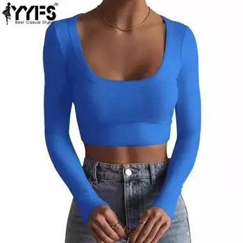 YYFS Женская мода Повседневная весна-осень Однотонные принты Длинные рукава Квадратный воротник Блузки и рубашки S синий