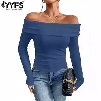 YYFS Женская мода Повседневная весна-осень Однотонные принты Длинные рукава Одно плечо Блузки и рубашки S чёрный