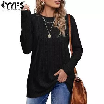 YYFS Женская мода Повседневная весна-осень Однотонные принты Длинные рукава О-образный вырез Блузки и рубашки S чёрный