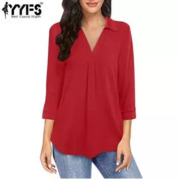 YYFS Женская мода Повседневная весна-осень Однотонные принты Рукава 3/4 Воротник-поло Блузки и рубашки S красный
