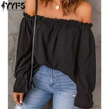 YYFS Женская мода Повседневная весна-осень Однотонные принты Длинные рукава Одно плечо Блузки и рубашки S чёрный