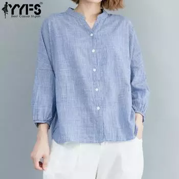 YYFS Женская мода Повседневная весна-осень Однотонные принты Длинные рукава Стойка-воротник Блузки и рубашки Size: One Size тёмно-синий