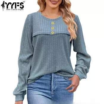 YYFS Женская мода Повседневная весна-осень Однотонные принты Длинные рукава О-образный вырез Блузки и рубашки S синий