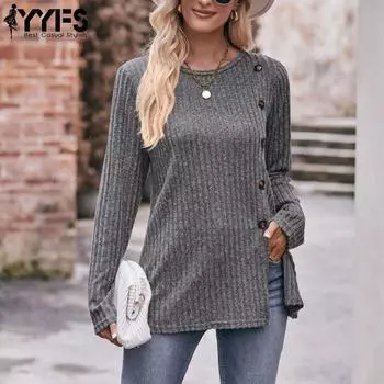 YYFS Женская мода Повседневная весна-осень Однотонные принты Длинные рукава О-образный вырез Блузки и рубашки S темно-серого