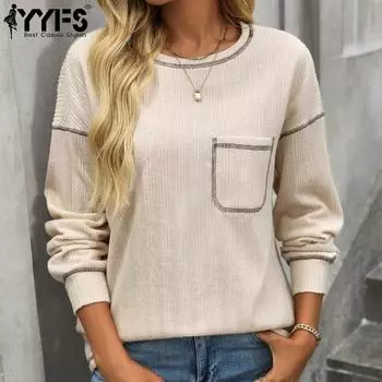 YYFS Женская мода Повседневная весна-осень Однотонные принты Длинные рукава О-образный вырез Блузки и рубашки S абрикосовый