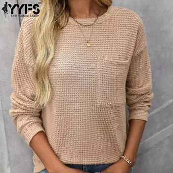 YYFS Женская мода Повседневная весна-осень Однотонные принты Длинные рукава О-образный вырез Блузки и рубашки S хаки