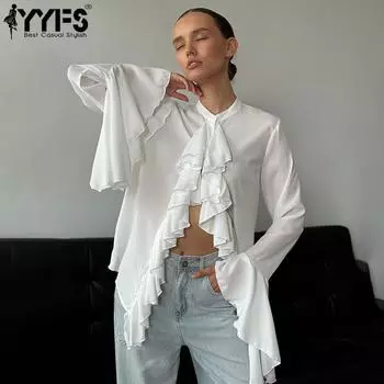 YYFS Женская мода Повседневная весна-осень Однотонные принты Длинные рукава О-образный вырез Блузки и рубашки S белый