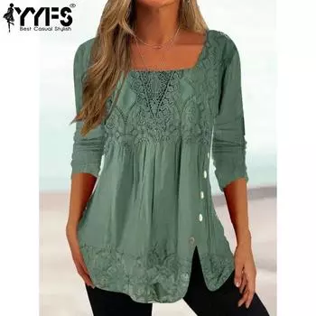 YYFS Женская мода Повседневная весна-осень Однотонные принты Длинные рукава Квадратный воротник Блузки и рубашки S темно-зеленого