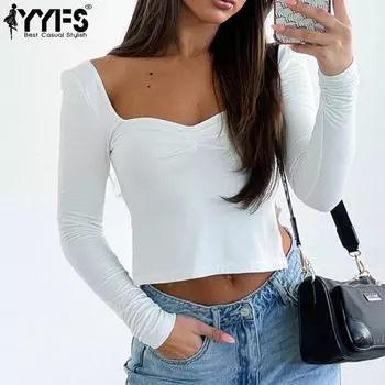YYFS Женская мода Повседневная весна-осень Однотонные принты Длинные рукава Квадратный воротник Блузки и рубашки XS белый