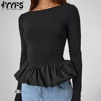 YYFS Женская мода Повседневная весна-осень Однотонные принты Длинные рукава О-образный вырез Блузки и рубашки S чёрный