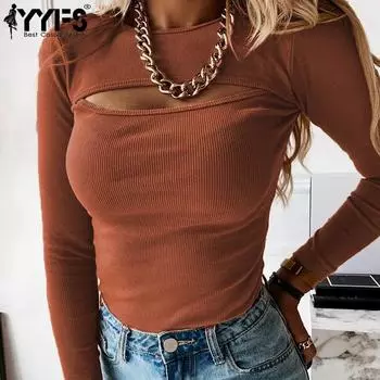 YYFS Женская мода Повседневная весна-осень Однотонные принты Длинные рукава О-образный вырез Блузки и рубашки S коричневый