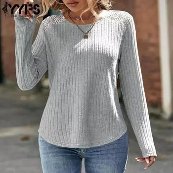 YYFS Женская мода Повседневная весна-осень Однотонные принты Длинные рукава О-образный вырез Блузки и рубашки S серый
