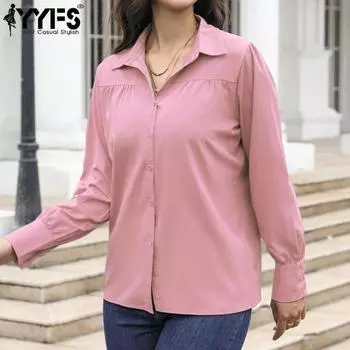 YYFS Женская мода Повседневная весна-осень Однотонный принт Длинные рукава POLO-Neck Блузки и рубашки S белый