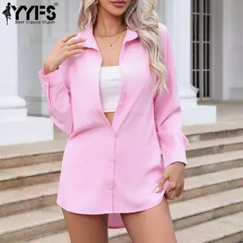 YYFS Женская мода Повседневная весна-осень Однотонный принт Длинные рукава POLO-Neck Блузки и рубашки S белый