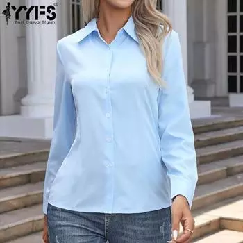 YYFS Женская мода Повседневная весна-осень Однотонный принт Длинные рукава POLO-Neck Блузки и рубашки