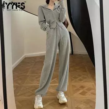 YYFS Женская мода Повседневная Весна Осень Однотонный Принт Длинный Рукав С Капюшоном Брюки Костюмы M розовый