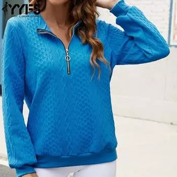 YYFS Женская мода Повседневная весна-осень Однотонный принт Длинный рукав Поло воротник блузки и рубашки S синий
