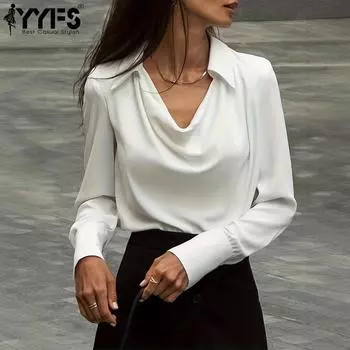 YYFS Женская мода Повседневная весна-осень Однотонный принт Длинный рукав Поло воротник блузки и рубашки S белый