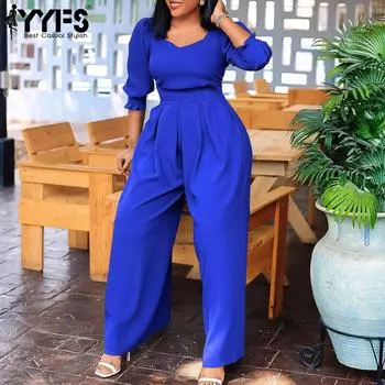 YYFS Женская мода Повседневная Весна Осень Однотонный принт Длинный рукав V-образный вырез Высокая талия Брюки Комбинезоны и комбинезоны S синий