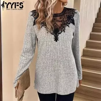YYFS Женская мода Повседневная весна-осень Однотонный кружевной принт Длинные рукава О-образный вырез Пуловеры и длинные рукава S серый
