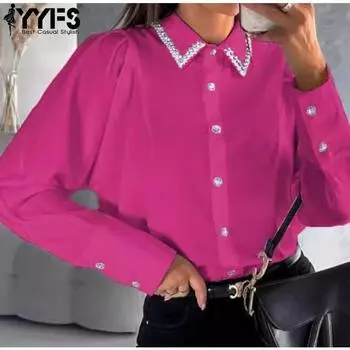 YYFS Женская мода Повседневная весна-осень Однотонный принт Длинный рукав Поло воротник блузки и рубашки S розы красного