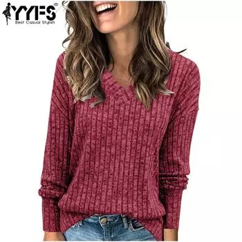 YYFS Женская мода Повседневная весна-осень Однотонный принт Длинные рукава V-образный вырез Пуловеры и длинные рукава S чёрный