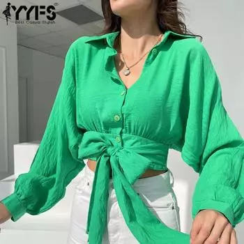 YYFS Женская мода Повседневная весна-осень Однотонный принт Длинный рукав Поло воротник блузки и рубашки S зелёный