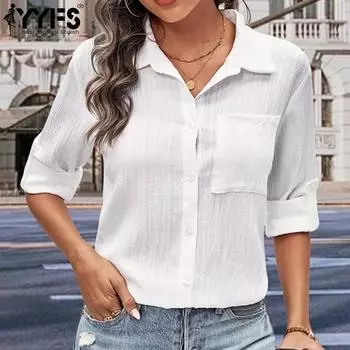 YYFS Женская мода Повседневная весна-осень Однотонный принт Длинный рукав Поло воротник блузки и рубашки S белый
