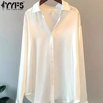 YYFS Женская мода Повседневная весна-осень Однотонный принт Длинный рукав Поло воротник блузки и рубашки S белый