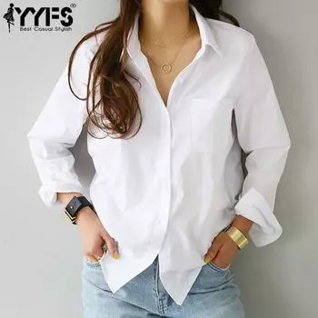 YYFS Женская мода Повседневная весна-осень Однотонный принт Длинный рукав Поло воротник блузки и рубашки S белый