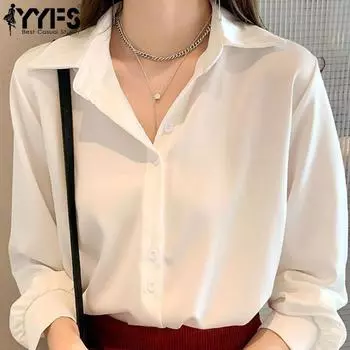 YYFS Женская мода Повседневная весна-осень Однотонный принт Длинный рукав Поло воротник блузки и рубашки S белый