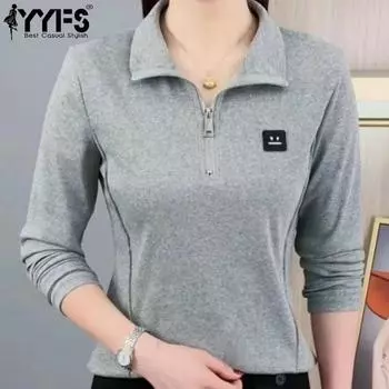 YYFS Женская мода Повседневная весна-осень Однотонный принт Длинный рукав Поло воротник блузки и рубашки M