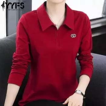 YYFS Женская мода Повседневная весна-осень Однотонный принт Длинный рукав Поло воротник блузки и рубашки M