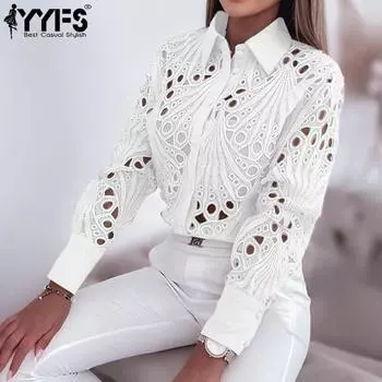YYFS Женская мода Повседневная весна-осень Однотонный принт Длинный рукав Поло воротник блузки и рубашки S белый