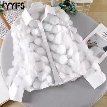 YYFS Женская мода Повседневная весна-осень Однотонный принт Длинный рукав Поло воротник блузки и рубашки Size: One Size белый