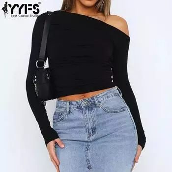 YYFS Женская мода Повседневная весна-осень Однотонный принт Длинный рукав Косой воротник Блузки и рубашки XS чёрный