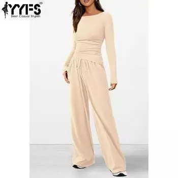 YYFS Женская мода повседневная весна осень однотонный принт длинный рукав О-образный вырез брюки брюки костюмы XS