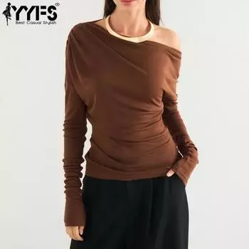 YYFS Женская мода Повседневная весна-осень Однотонный принт Длинный рукав Косой воротник Блузки и рубашки S коричневый