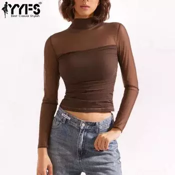YYFS Женская мода Повседневная весна-осень Однотонный принт Длинный рукав Полуводолазка Блузки и рубашки S коричневый