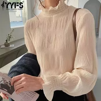 YYFS Женская мода повседневная весна осень однотонный принт длинный рукав полуводолазка блузки и рубашки S белый