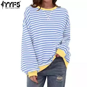 YYFS Женская мода повседневная весна осень полосатый принт длинный рукав О-образный вырез блузки и рубашки S