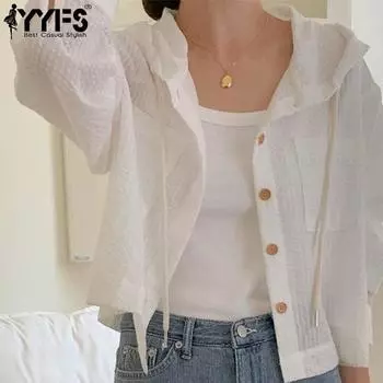 YYFS Женская мода Повседневная весна-осень Полосатый принт Длинные рукава с капюшоном Блузки и рубашки S белый