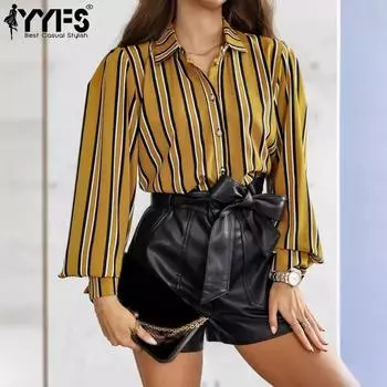 YYFS Женская мода Повседневная весна-осень Полосатый принт Длинные рукава Поло воротник блузки и рубашки S жёлтый
